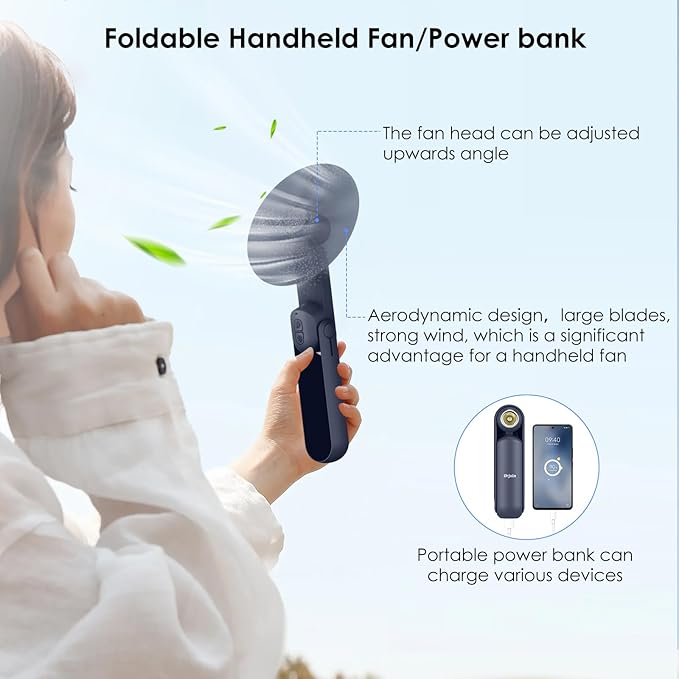 4 IN 1 Portable Handheld Fan,Personal Foldable Cooling Fan, Mini Pocket Fan,Desk Fan,Hand Fan,Flashlight,Power Bank,Table Lamp,Camping Travel Beach Fan, Birthday Gifts for Women Men(Blue)
