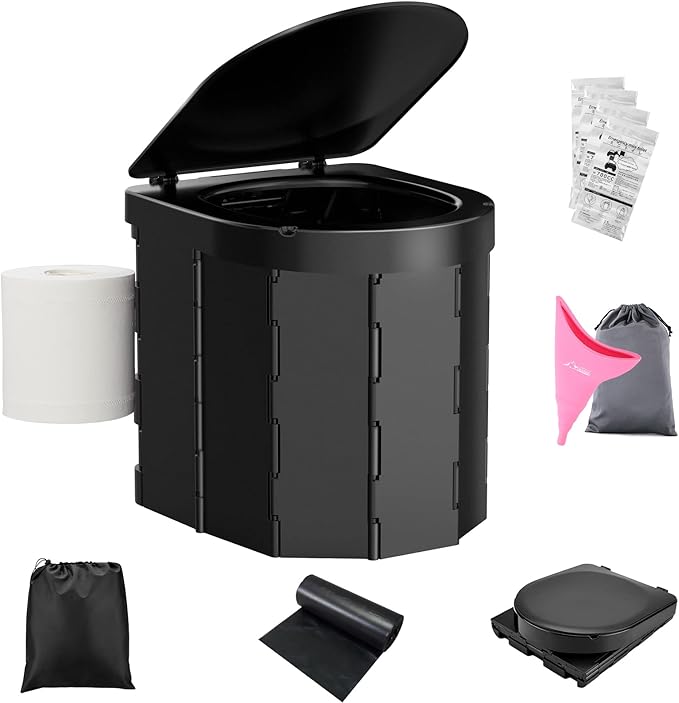 Portable Camping Toilet, Folding Toilet for Adults with Lid and Retractable Toilet Paper Holder, Waterproof Porta Potty with Carry Bag and Disposible Liners for Camping, Hiking, RV Travel, Road Trips