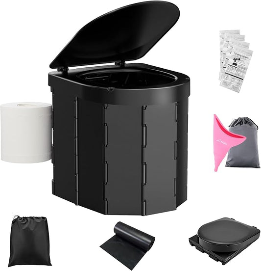 Portable Camping Toilet, Folding Toilet for Adults with Lid and Retractable Toilet Paper Holder, Waterproof Porta Potty with Carry Bag and Disposible Liners for Camping, Hiking, RV Travel, Road Trips