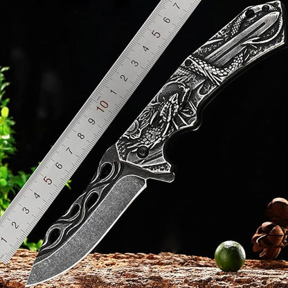 3D embossed folding knife, outdoor knife for camping, barbecue, fishing, cutting (Dragon Sword)