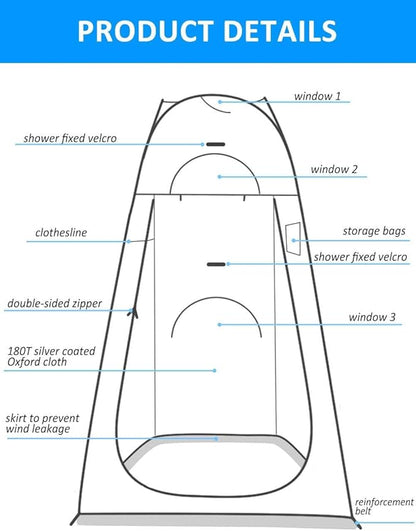 Anngrowy Pop Up Privacy Shower Tent - Portable Outdoor Camping Bathroom Toilet Changing Dressing Room - UPF40+ Waterproof