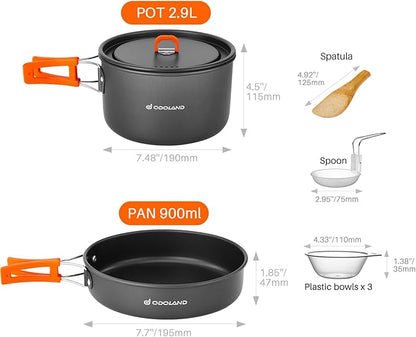 Odoland 9pcs Camping Cookware Non-Stick Lightweight Camping Pots and Pans Set with Plastic Bowls Soup Spoon for Camping, Backpacking, Outdoor Cooking and Picnic
