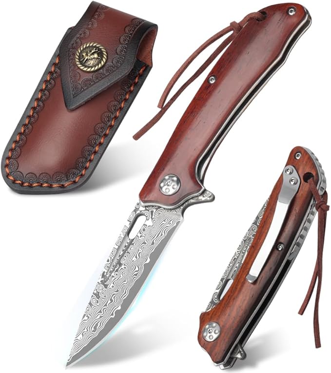 Damascus Pocket Knife with Clip Unique Rosewood Handle Cool Folding Knives Survival Knife for Gift for Men Women