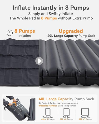 Hikenture Double Sleeping Pad for Camping, 4" Extra-Thick Camping Mattress 2 Person, Inflatable & Ultralight Sleeping Mat for Backpacking, Hiking (Grey Pumpsack, Full XL)
