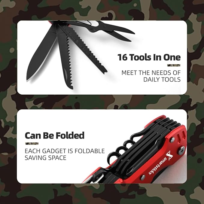 16 in 1 Multi Tool Tactical Knife Camping essential Survival Knife with Knife, Scissors, Saw, Wine Opener, Multiple Screwdrivers, Key Chain Easy Carry, Fish Scaler (Red)