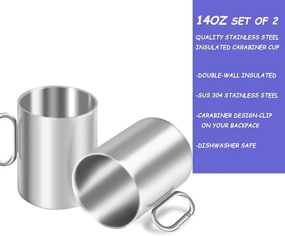 Backpacking Camping Mug,Stainless Steel Camping Cup with Carabiner Handle,Insulated Double Wall Coffee Mug Set of 2 for Traveling Outdoor 14oz