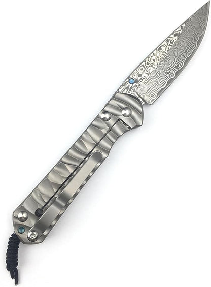 6.7 Inch Damascus Folding Knife with Pocket Clip, 2.6 Inch Damascus Blade with Titanium Alloy Handle, Sebenza Knife Folding Pocket Knife with Frame Lock, Thumb Stud for EDC Camping