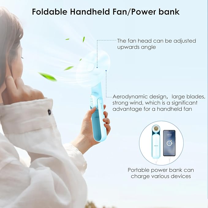 4 IN 1 Portable Handheld Fan,Personal Foldable Cooling Fan, Mini Pocket Fan,Desk Fan,Hand Fan,Flashlight,Power Bank,Table Lamp,Camping Travel Beach Fan, Birthday Gifts for Women Men(Light Blue)
