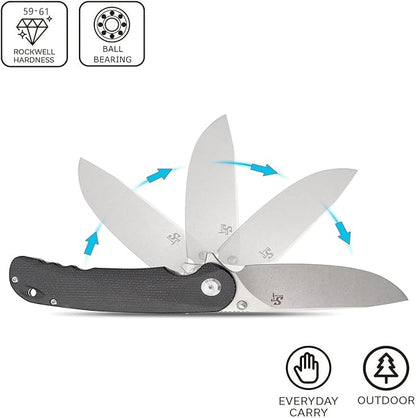 Sitivien ST106 Folding Knife, D2 Blade and Micarta Handle Flipper Pocket Knife, EDC Tool Knife for Outdoor Camping Hiking Survival(Black)