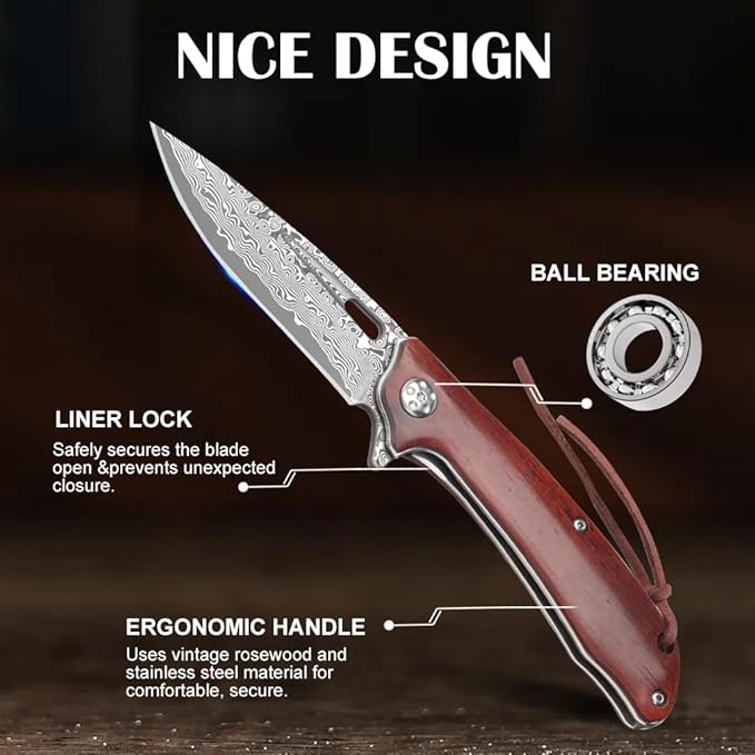 Damascus Pocket Knife with Clip Unique Rosewood Handle Cool Folding Knives Survival Knife for Gift for Men Women