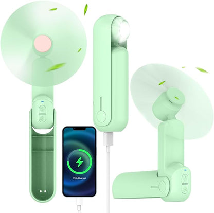 4 IN 1 Portable Handheld Fan,Personal Foldable Cooling Fan, Mini Pocket Fan,Desk Fan,Hand Fan,Flashlight,Power Bank,Table Lamp,Camping Travel Beach Fan, Birthday Gifts for Women Men(Light Green)