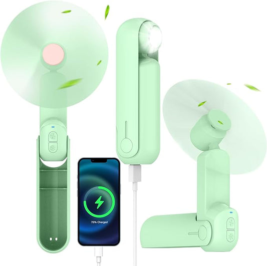 4 IN 1 Portable Handheld Fan,Personal Foldable Cooling Fan, Mini Pocket Fan,Desk Fan,Hand Fan,Flashlight,Power Bank,Table Lamp,Camping Travel Beach Fan, Birthday Gifts for Women Men(Light Green)
