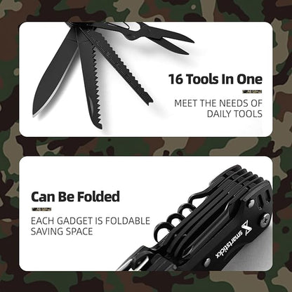 16 in 1 Multi Tool Tactical Knife Camping essential Survival Knife with Knife, Scissors, Saw, Wine Opener, Multiple Screwdrivers, Key Chain Easy Carry, Fish Scaler (Black)