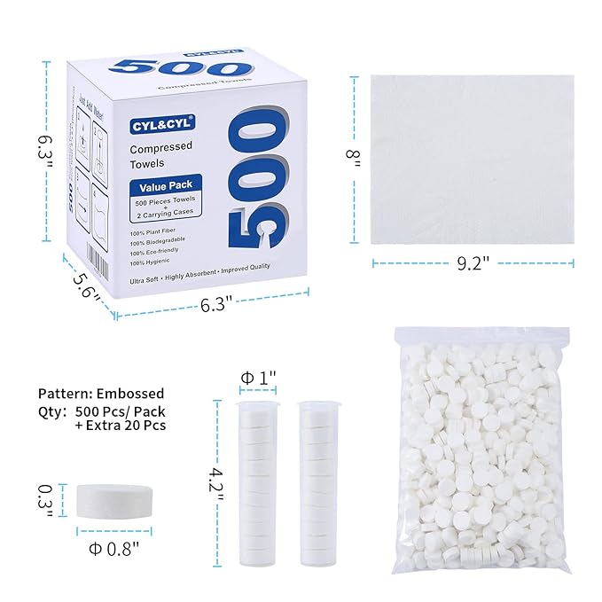 500 PCS Ultra Soft Disposable Compressed Towels Value Pack with 2 Carrying Cases, Cotton Travel Wipes Magic Towel Mini Coin Tissue, Toilet Paper Pills, for Home Bathroom Beauty Salon Outdoors Camping