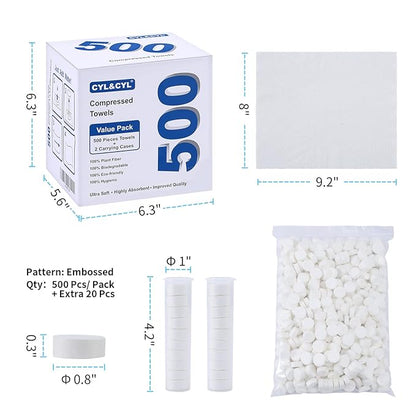 500 PCS Ultra Soft Disposable Compressed Towels Value Pack with 2 Carrying Cases, Cotton Travel Wipes Magic Towel Mini Coin Tissue, Toilet Paper Pills, for Home Bathroom Beauty Salon Outdoors Camping