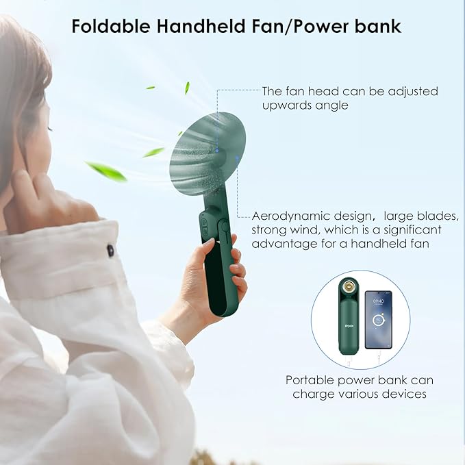4 IN 1 Portable Handheld Fan,Personal Foldable Cooling Fan, Mini Pocket Fan,Desk Fan,Hand Fan,Flashlight,Power Bank,Table Lamp,Camping Travel Beach Fan, Birthday Gifts for Women Men(Dark Green)