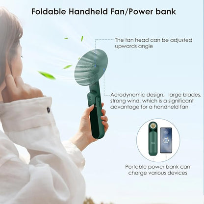 4 IN 1 Portable Handheld Fan,Personal Foldable Cooling Fan, Mini Pocket Fan,Desk Fan,Hand Fan,Flashlight,Power Bank,Table Lamp,Camping Travel Beach Fan, Birthday Gifts for Women Men(Dark Green)