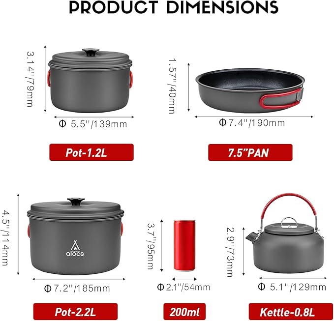 Alocs Camping Cookware Set,Durable Aluminum Camping Cooking Set, Compact Camping Pots and Pans Set with Kettle, Non-Stick Camping Pan Camping Essentials for Outdoor Cooking, Hiking, and Picnics.