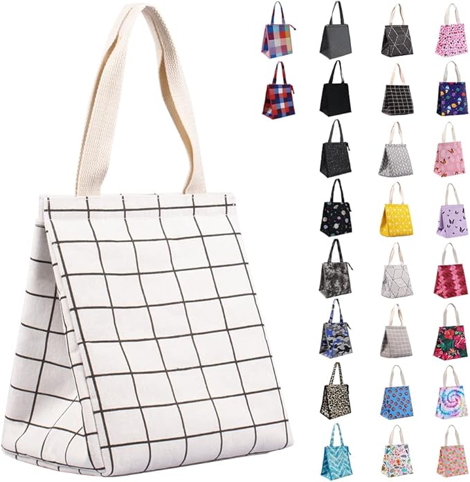 iknoe Insulated Lunch Bag for Women, 9L Sturdy Wide-Open Foldable & Portable Lunch Tote with Interior Pockets, Water-resistant Thermal Lunch Cooler for Adults Picnic Beach (White Plaid)