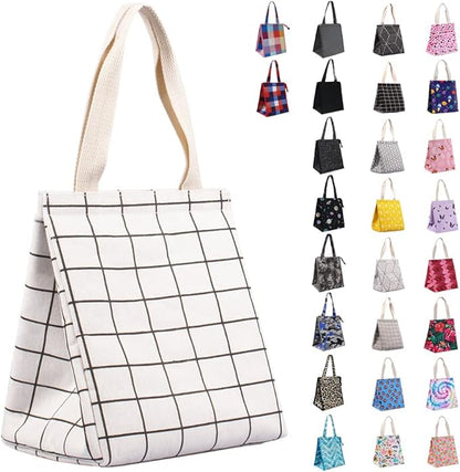 iknoe Insulated Lunch Bag for Women, 9L Sturdy Wide-Open Foldable & Portable Lunch Tote with Interior Pockets, Water-resistant Thermal Lunch Cooler for Adults Picnic Beach (White Plaid)