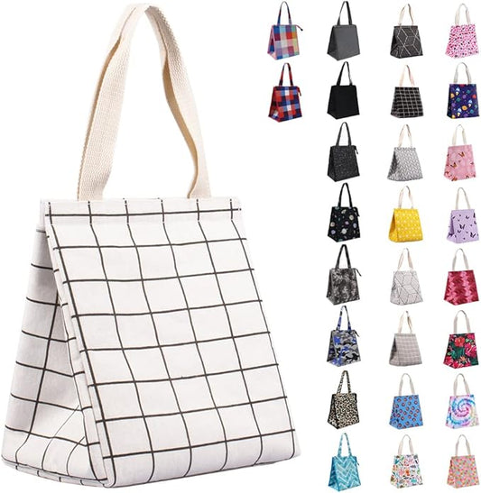 iknoe Insulated Lunch Bag for Women, 9L Sturdy Wide-Open Foldable & Portable Lunch Tote with Interior Pockets, Water-resistant Thermal Lunch Cooler for Adults Picnic Beach (White Plaid)