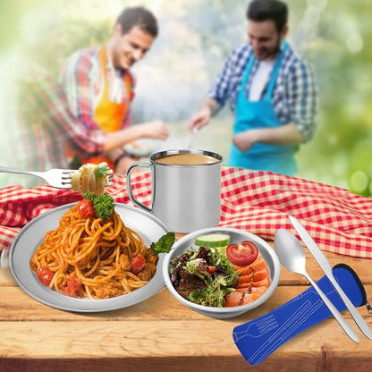 Camping Cutlery Set, 8 Piece Stainless Steel Cutlery Set Including Cutlery Spoons Mug Bowls & Plates Rags, Organizer Straps Easy to Carry for Backpacking, Camping, Hiking and Picnics