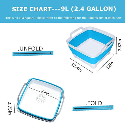 Dishpan for Washing Dishes,9L Collapsible Dish Tub Portable Sink,Wash Dish Basin,Foldable Laundry Tub,Washing Basin with Drain Plug,Dishpan for Kitchen Sink,Camping Dish Washing Tub,Blue
