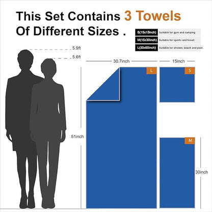 4Monster Camping Towels 3 Size at 1 Pack,Quick Dry Microfiber Towel,Beach Travel Towel Ultra Compact,Soft Gym Towel for Hiking Yoga Travel Sports Backpacking Trip and Pool