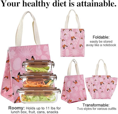 iknoe Insulated Lunch Bag for Women, 9L Sturdy Wide-Open Foldable & Portable Lunch Tote with Interior Pockets, Water-resistant Thermal Lunch Cooler for Adults Picnic Beach-Pink Butterfly
