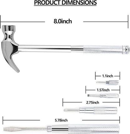 6-in-1 Metal Multifunction Hammer & Screwdriver Hand Tool Set Including Cross & Flat Screwdriver for Opening Walnuts, Wall Hanging, Nice Little Gifts (argent)