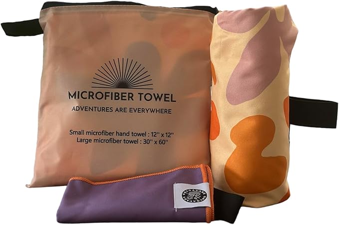 Beach & Travel Towel Set-Compact & Absorbent Microfiber Towel-Large Beach Towel- Recycled Material. (Purple Flower, Flora)