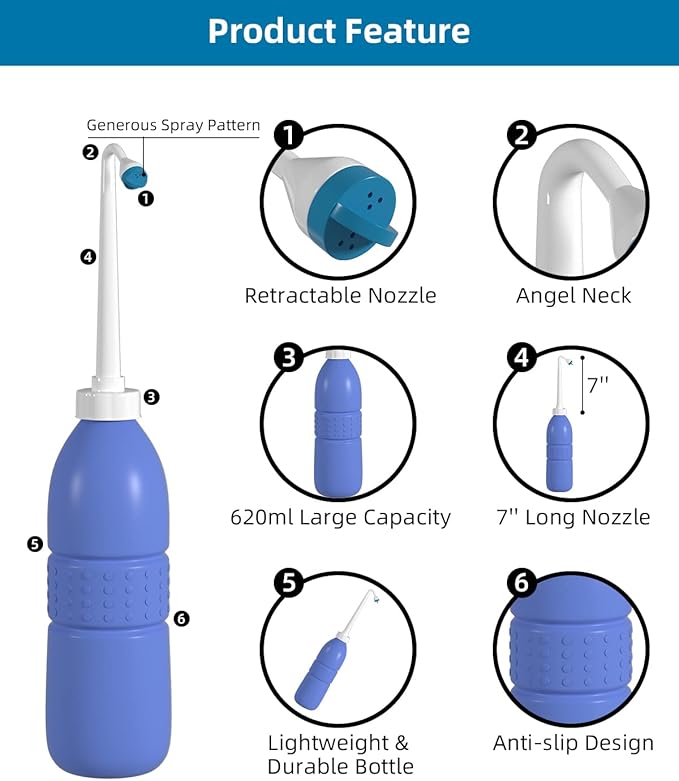 2 Pack Travel Bidet Bottle, Portable Bidet Sprayer Hand held Bidet 620ml for Personal Hygiene Care, On-The-Go Travel Bag Extra Long Pointed Nozzle Spray for Women, Baby and Elderly-Purple Bottle