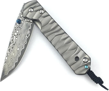 6.7 Inch Damascus Folding Knife with Pocket Clip, 2.6 Inch Damascus Blade with Titanium Alloy Handle, Sebenza Knife Folding Pocket Knife with Frame Lock, Thumb Stud for EDC Camping
