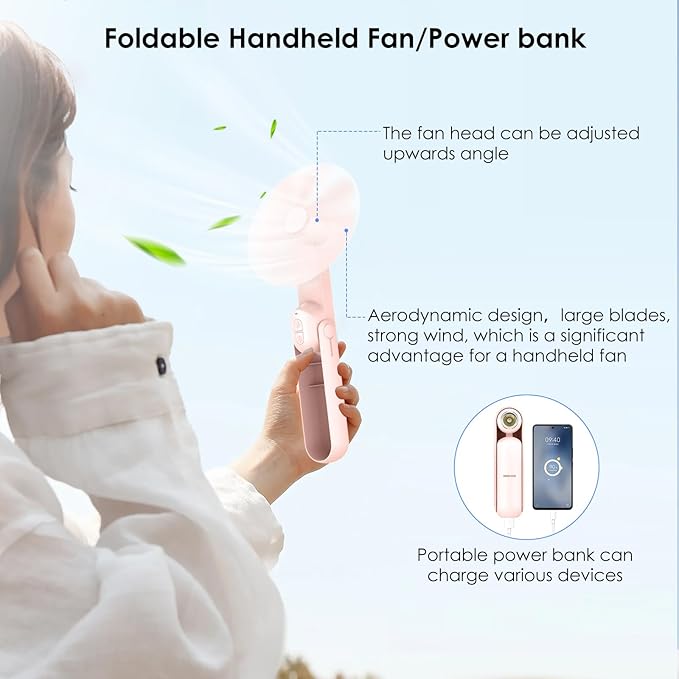 4 IN 1 Portable Handheld Fan,Personal Foldable Cooling Fan, Mini Pocket Fan,Desk Fan,Hand Fan,Flashlight,Power Bank,Table Lamp,Camping Travel Beach Fan, Birthday Gifts for Women Men(Pink)