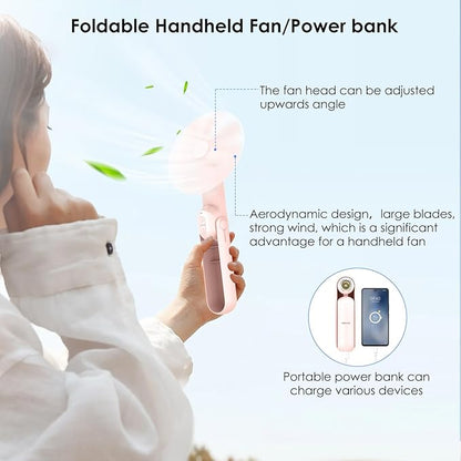 4 IN 1 Portable Handheld Fan,Personal Foldable Cooling Fan, Mini Pocket Fan,Desk Fan,Hand Fan,Flashlight,Power Bank,Table Lamp,Camping Travel Beach Fan, Birthday Gifts for Women Men(Pink)