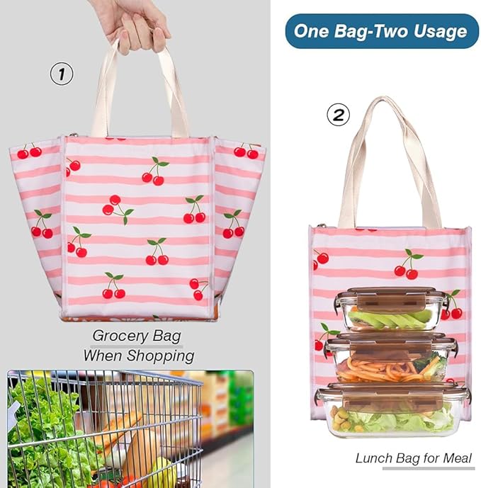 iknoe Insulated Lunch Bag for Women, 9L Durable Wide-Open Foldable & Portable Lunch Tote with Interior Pockets, Water-Resistant Thermal Lunch Cooler for Adults Picnic Beach (Cherry)