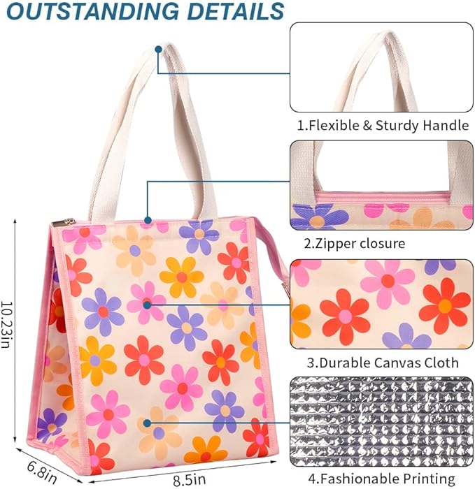 iknoe Lunch Bag Insulated Lunch Bags for Women & Men, 9L Reusable Lunch Tote, Portable Adult Thermal Large Lunch Cooler for Work Picnic Beach (Pink Flowers)