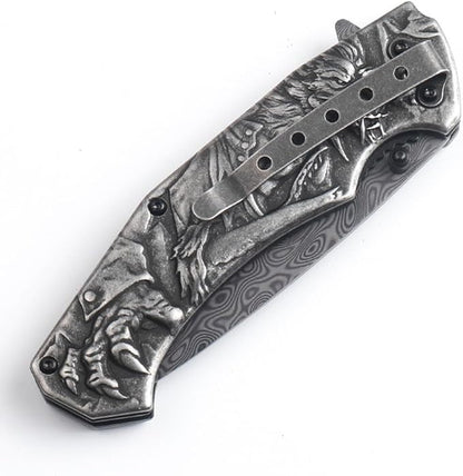 3D embossed folding knife, outdoor knife for camping, barbecue, fishing, cutting (Werewolf)