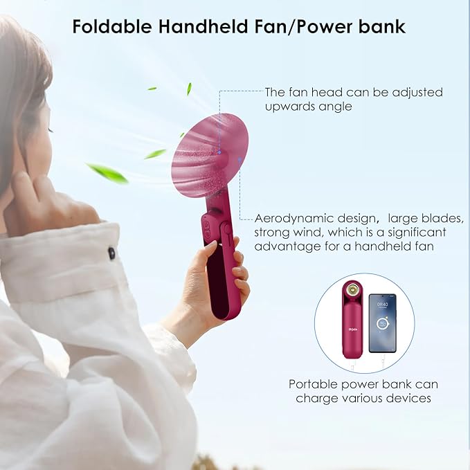 4 IN 1 Portable Handheld Fan,Personal Foldable Cooling Fan, Mini Pocket Fan,Desk Fan,Hand Fan,Flashlight,Power Bank,Table Lamp,Camping Travel Beach Fan, Birthday Gifts for Women Men(Red)