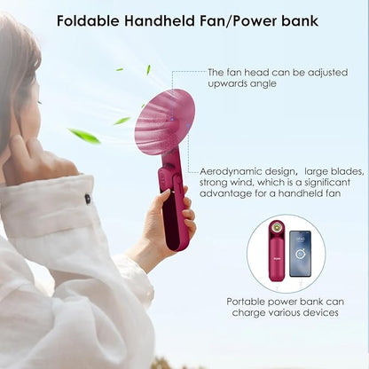 4 IN 1 Portable Handheld Fan,Personal Foldable Cooling Fan, Mini Pocket Fan,Desk Fan,Hand Fan,Flashlight,Power Bank,Table Lamp,Camping Travel Beach Fan, Birthday Gifts for Women Men(Red)