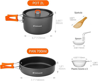 Odoland 9pcs Camping Cookware Non-Stick Lightweight Camping Pots and Pans Set with Plastic Bowls Soup Spoon for Camping, Backpacking, Outdoor Cooking and Picnic