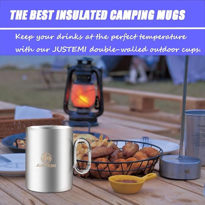 Backpacking Camping Mug,Stainless Steel Camping Cup with Carabiner Handle,Insulated Double Wall Coffee Mug Set of 2 for Traveling Outdoor 14oz