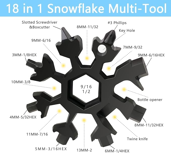 18-in-1 Snowflake Multi Tool Portable Stainless Steel Snowflake Bottle Opener/Flat Phillips Screwdriver Kit/Wrench Tools for Outdoor Camping Tool ,Christmas Gift (1Gold+2Silver+2Black +2Colorful)