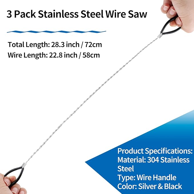 3 Pack Stainless Steel Wire Saw Emergency Saw Kit, Camping Wire Saw Mini Backpacking Saw, Cable Cutting String Bone Rope Saw, Travel Chainsaw for Wood Cutting Hiking Hunting (Wire Handle)