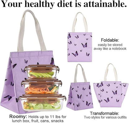 iknoe Insulated Lunch Bag for Women, 9L Durable Wide-Open Foldable & Portable Lunch Tote with Interior Pockets, Water-resistant Thermal Lunch Cooler for Adults Picnic Beach (Purple Butterfly)