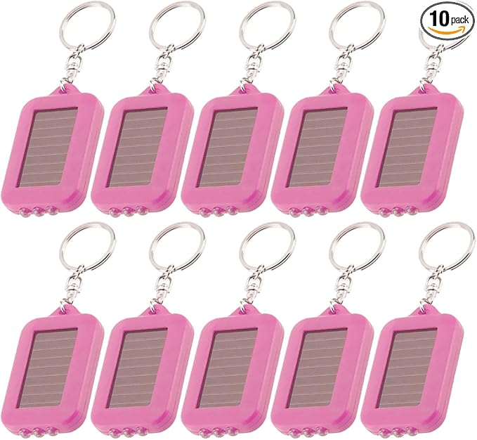 10 Pack Solar Mini Keychain Light Pocket Tiny LED Flashlight Rechargeable, Bright Small Flashlights Torch for EDC, Emergency, Power Outage,Camping, Party Favors (Pink)