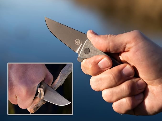 Off-Grid Knives - Baby Rhino - Legal Carry Heavy Duty Compact Folding Knife w. Sandvik 14C28N Blade Steel, Sky Gray G10 Scales, Deep Carry Left and Right Hand, Built Like A Tank