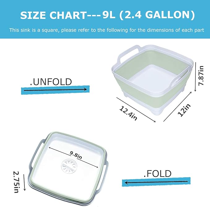 Dishpan for Washing Dishes,9L Collapsible Dish Tub Portable Sink,Wash Dish Basin,Foldable Laundry Tub,Washing Basin with Drain Plug,Dishpan for Kitchen Sink,Camping Dish Washing Tub,Green