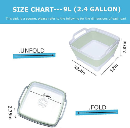 Dishpan for Washing Dishes,9L Collapsible Dish Tub Portable Sink,Wash Dish Basin,Foldable Laundry Tub,Washing Basin with Drain Plug,Dishpan for Kitchen Sink,Camping Dish Washing Tub,Green