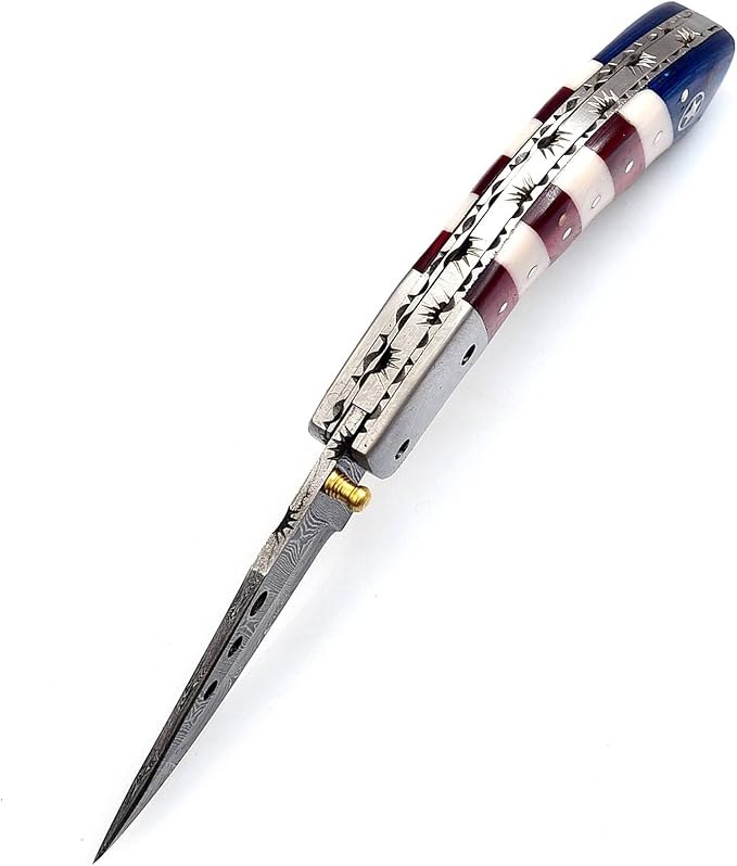 5079US Custom Damascus Steel Folding Pocket Knife with Sheath Cool Camping Knife for men Unique Damascus Blade Pattern 5079US (US Flag)